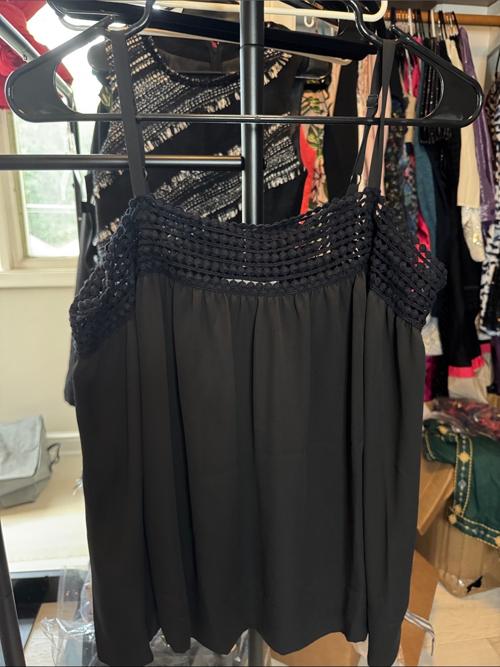 Rebecca Minkoff Black Crochet-Trim Spaghetti Strap Blouse